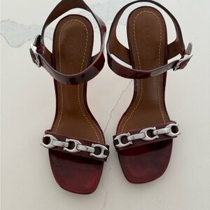 Coach Red Leather Chain-Link Ankle Strap Sandals